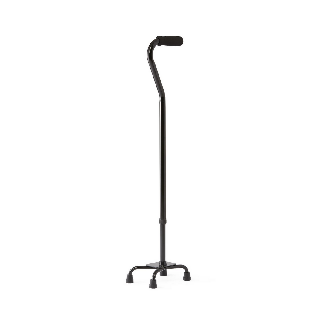 The Medline Quad Cane with Small Base in black features a straight handle and four skid-resistant rubber-tipped legs for added stability, standing upright against a white background. Perfect for enhanced weight-bearing support.